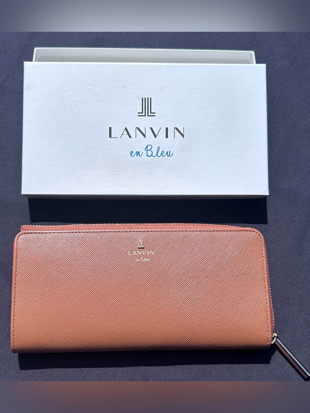 Lanvin en Bleu Luxembourg Saffiano Leather Long Zip Wallet In Box Red Interior